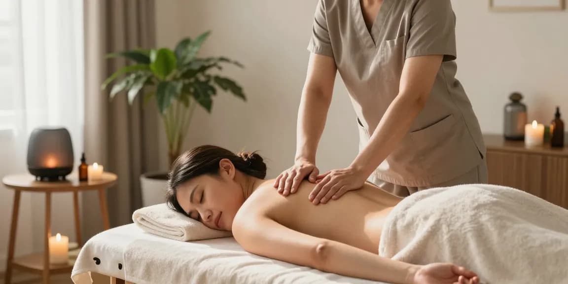 Serene scene of 군포출장마사지 with skilled therapist providing a relaxing massage in a soothing home environment.