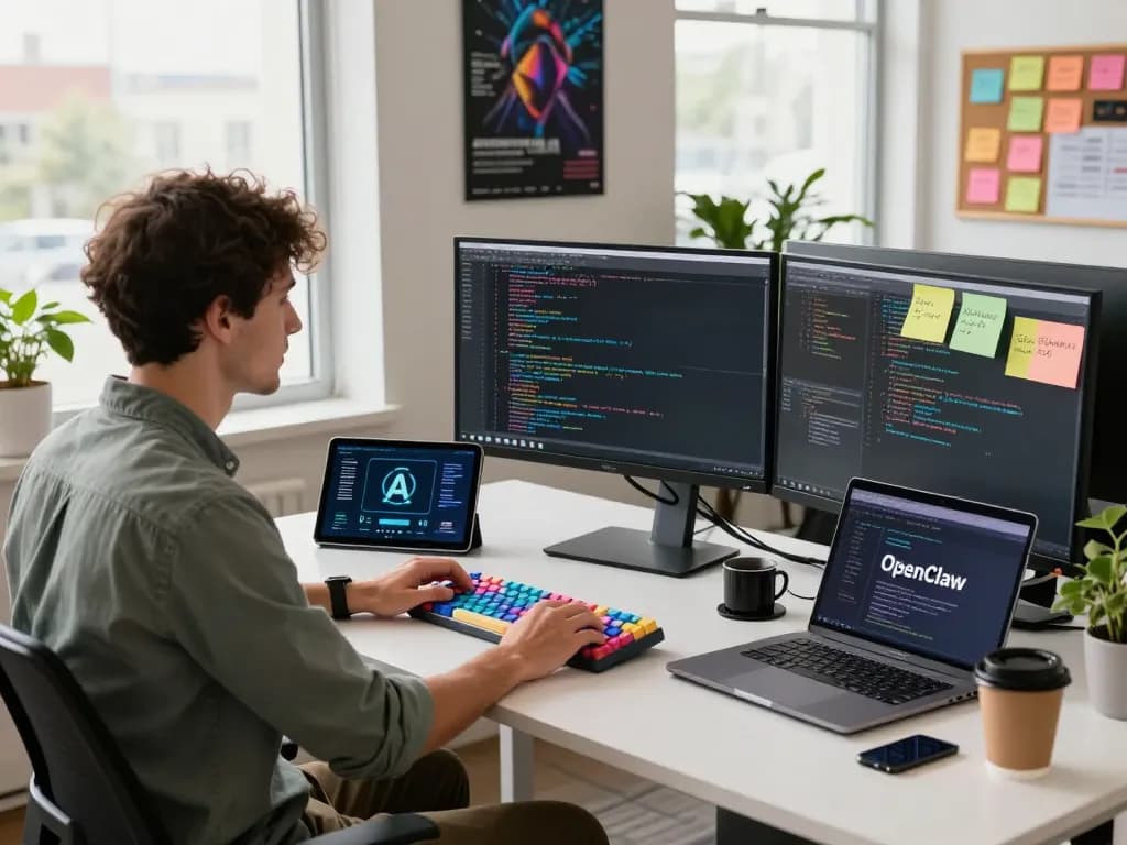 Developer using Open Claw AI software in a modern office atmosphere with dual monitors and creative tech setup.