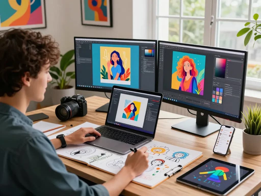 Designer utilizing nano banana 2 AI image editor in a vibrant creative workspace, showcasing innovative designs.