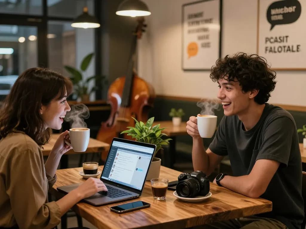 Friends enjoying a spicy chat in a cozy café atmosphere with laptops and coffee.