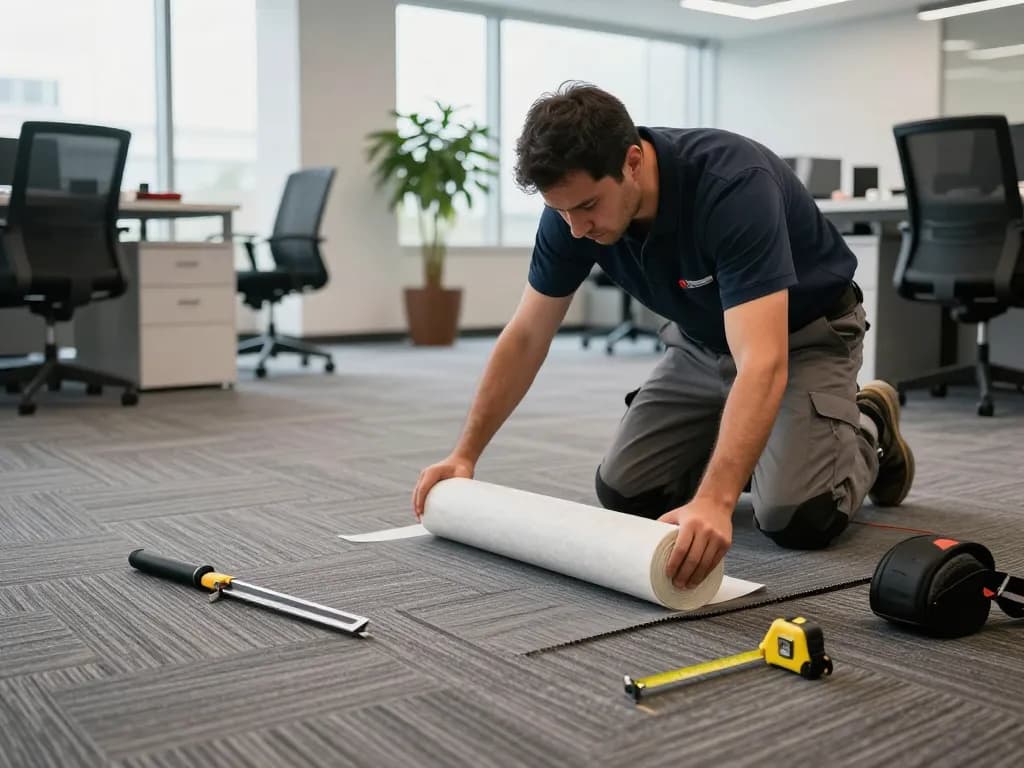 Commercial carpet installation in progress, showcasing professional installer laying carpet tiles in a modern office space.
