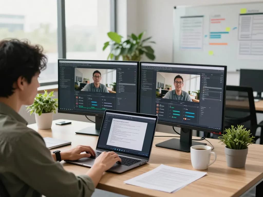 Professional using video to prompt software in a bright modern office setting with AI-generated text prompts displayed.