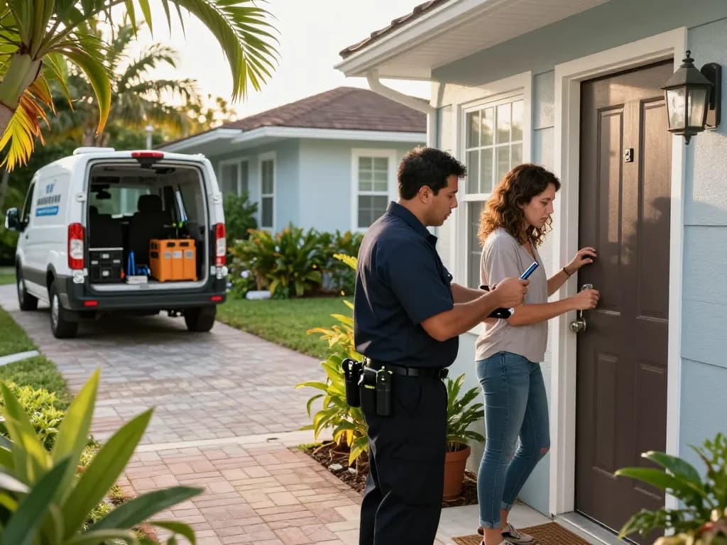Professional emergency locksmith Hobe Sound assisting homeowner at front door during urgent situation.