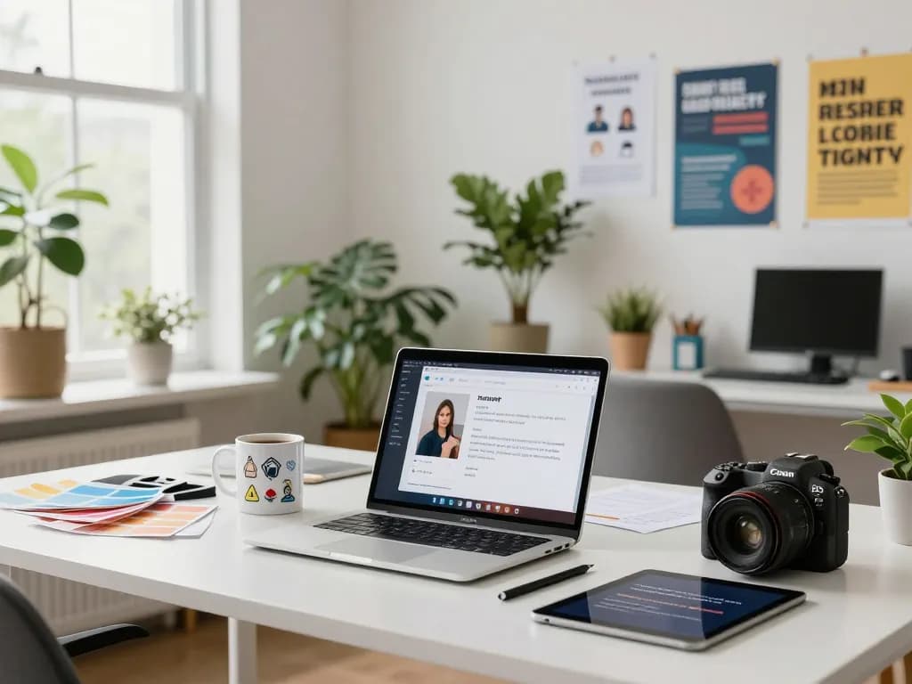 Image to prompt generator in a bright workspace with AI expert analyzing images and creating prompts for clarity.
