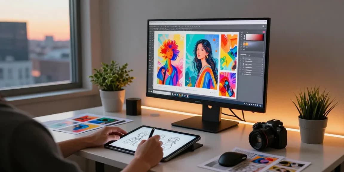 Digital artist using an image to prompt generator in a bright creative workspace.