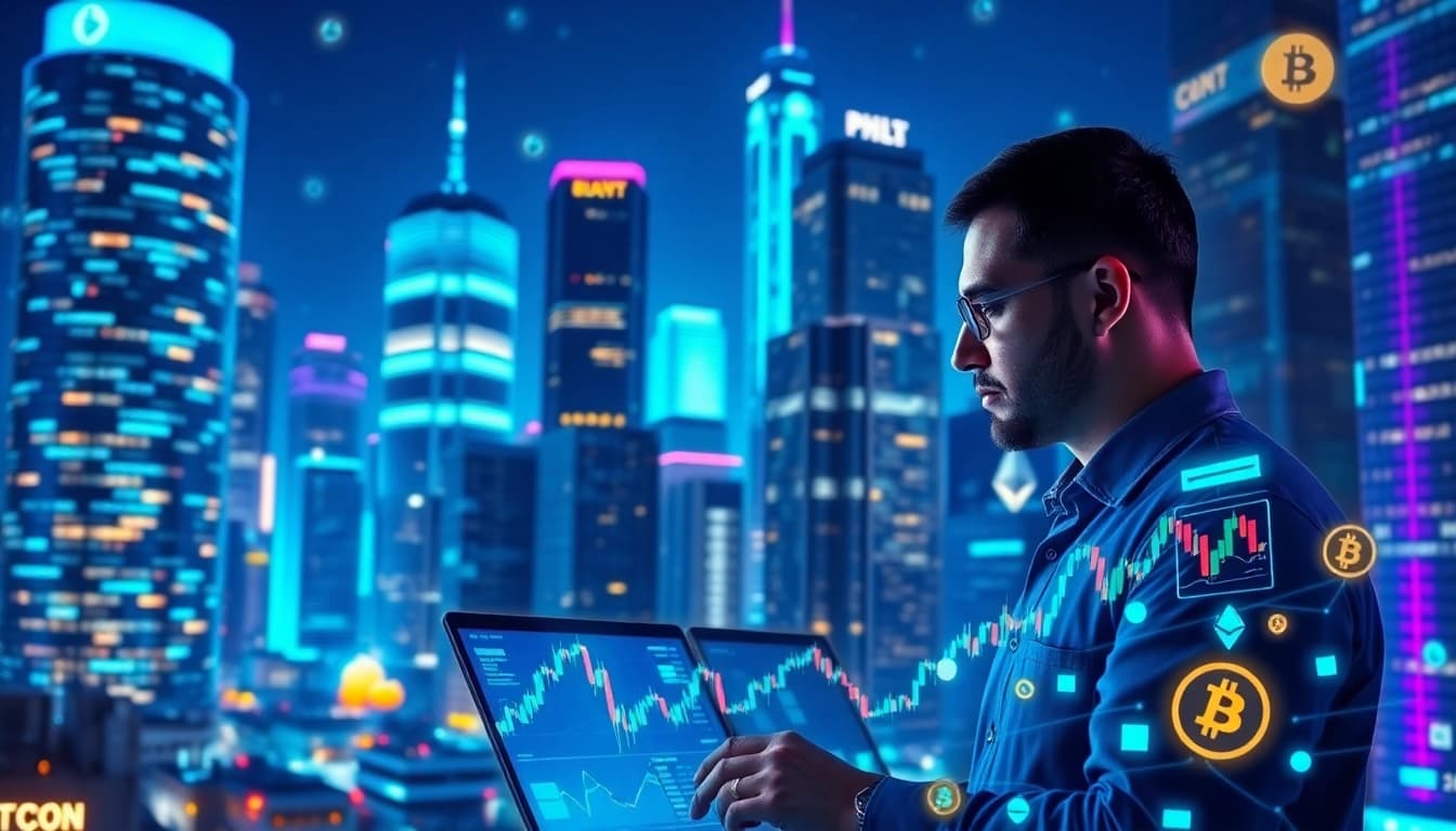 Cryptocurrency network visualization showcasing Bitcoin trading charts, digital wallets, and blockchain technology.