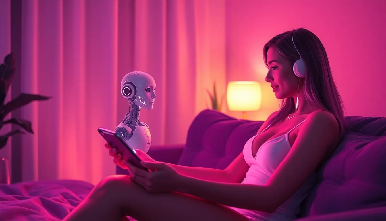 Engaging in ai sex chat with a lifelike AI character in a cozy digital interaction.