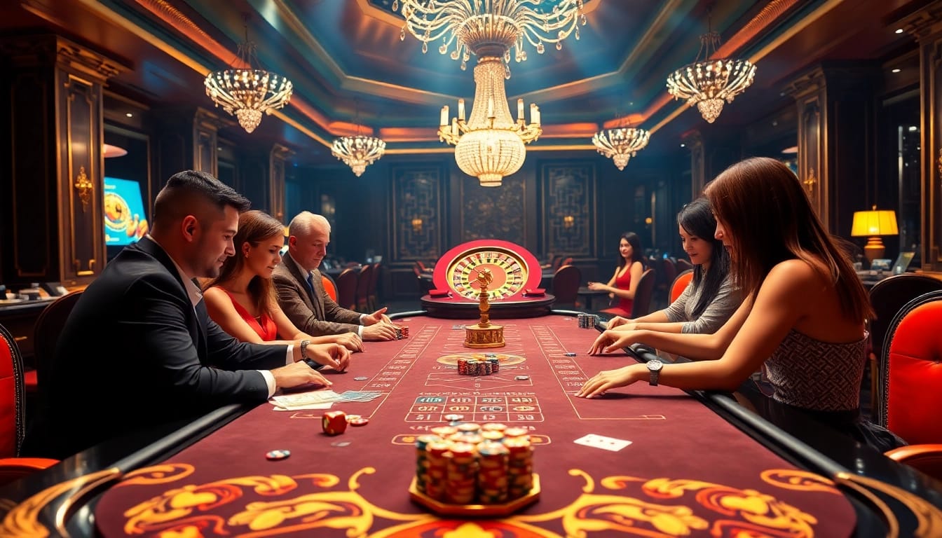 Engaging gameplay at a game bài đổi thưởng table with colorful chips and vibrant casino decor.