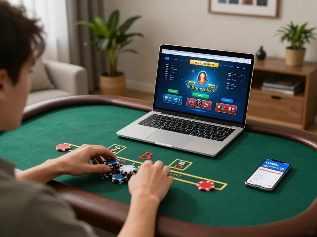 Engaging in blackjack strategy with 1u888com app on laptop at home.