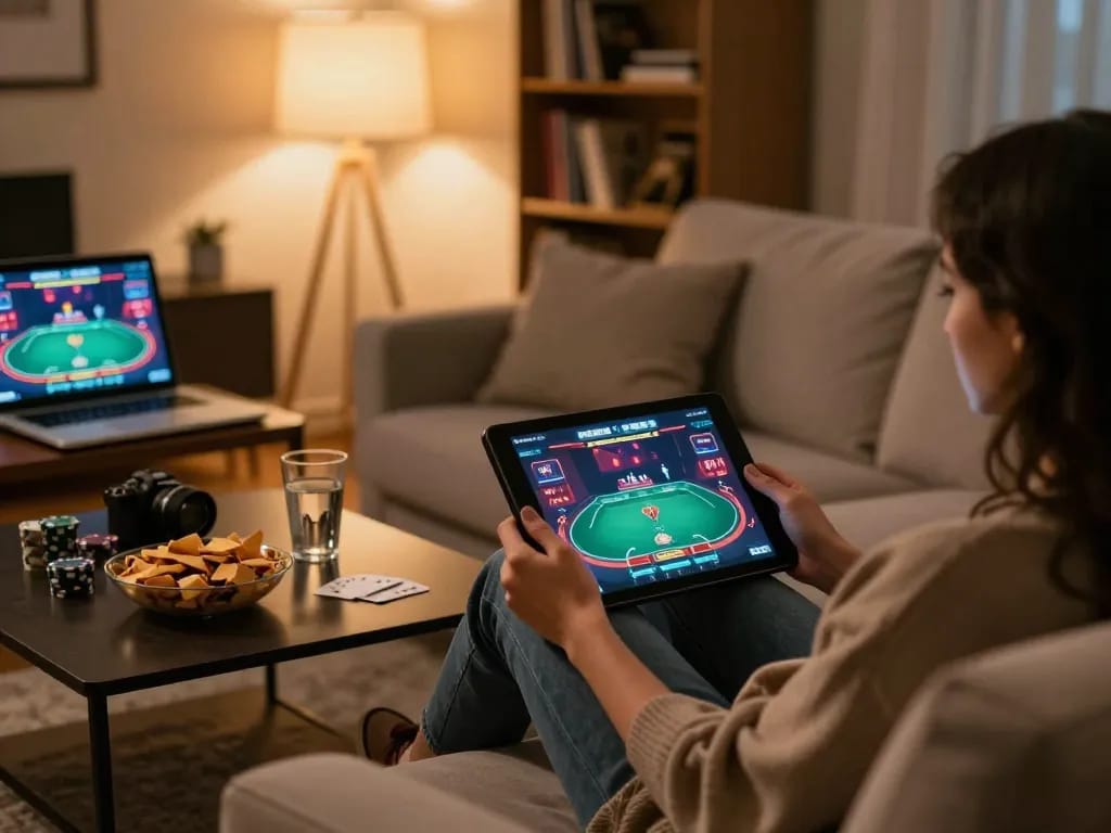 Engaging in online poker betting with MM88 on a tablet in a stylish home environment.