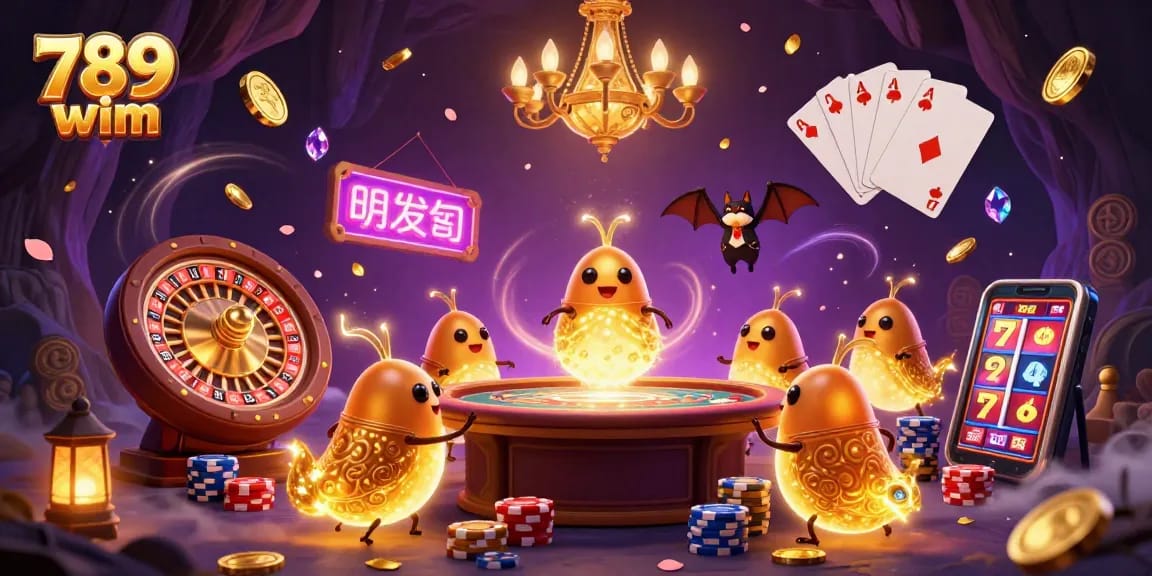 Win big at 789 wim with vibrant casino scene illuminated by glowworms and a bat dealer.