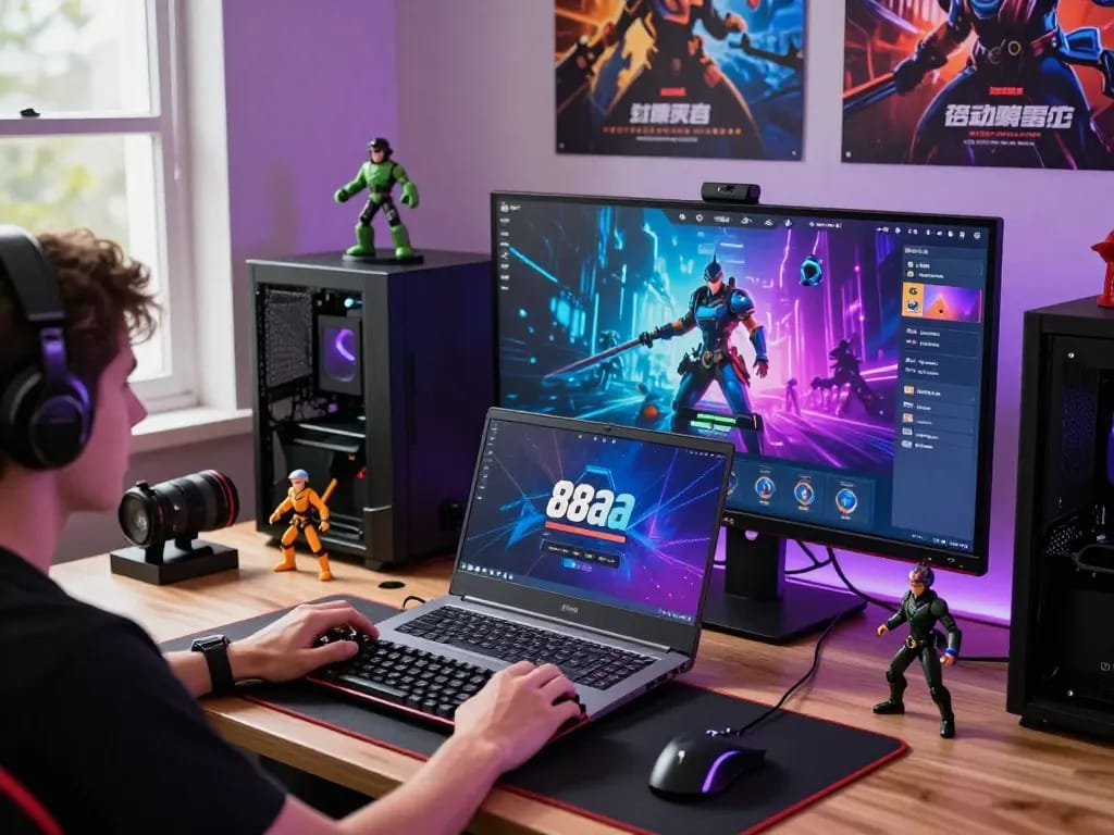 Gamers enjoying the 88aa platform with colorful graphics and accessories.