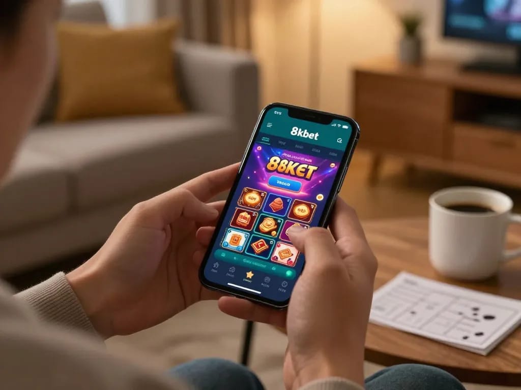 Engaged player using the 8kbet app for online casino gaming in a cozy living room.
