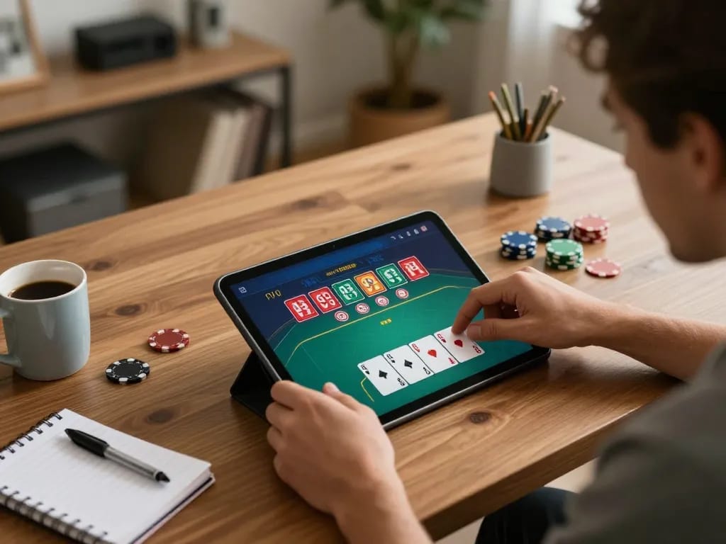 A player strategizing during an online poker game on a tablet at home, 678vip gaming experience.