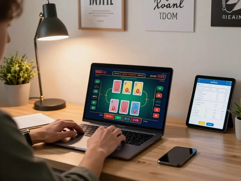 uu88 player engaging in live dealer blackjack game on laptop in modern workspace