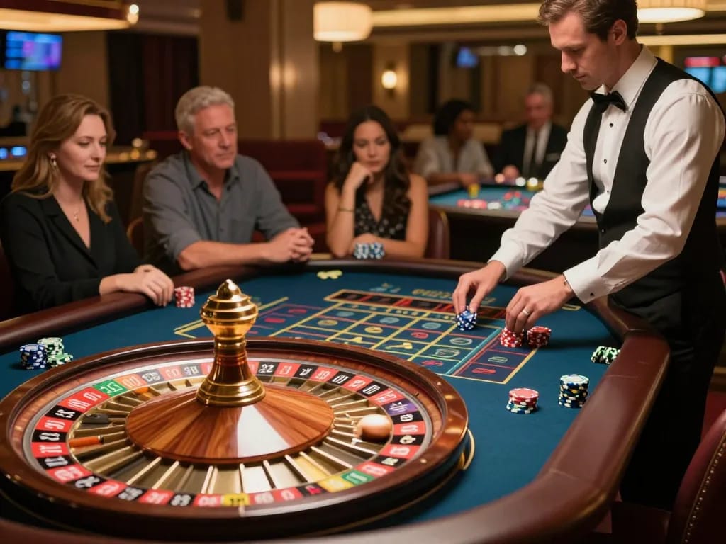 Excited players placing bets at 88FC's roulette table, showcasing a thrilling casino experience.