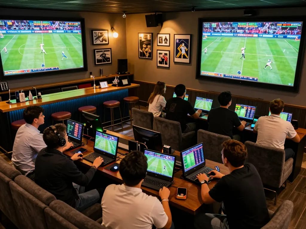 Betting excitement at Net88 lounge with guests placing bets on live sports