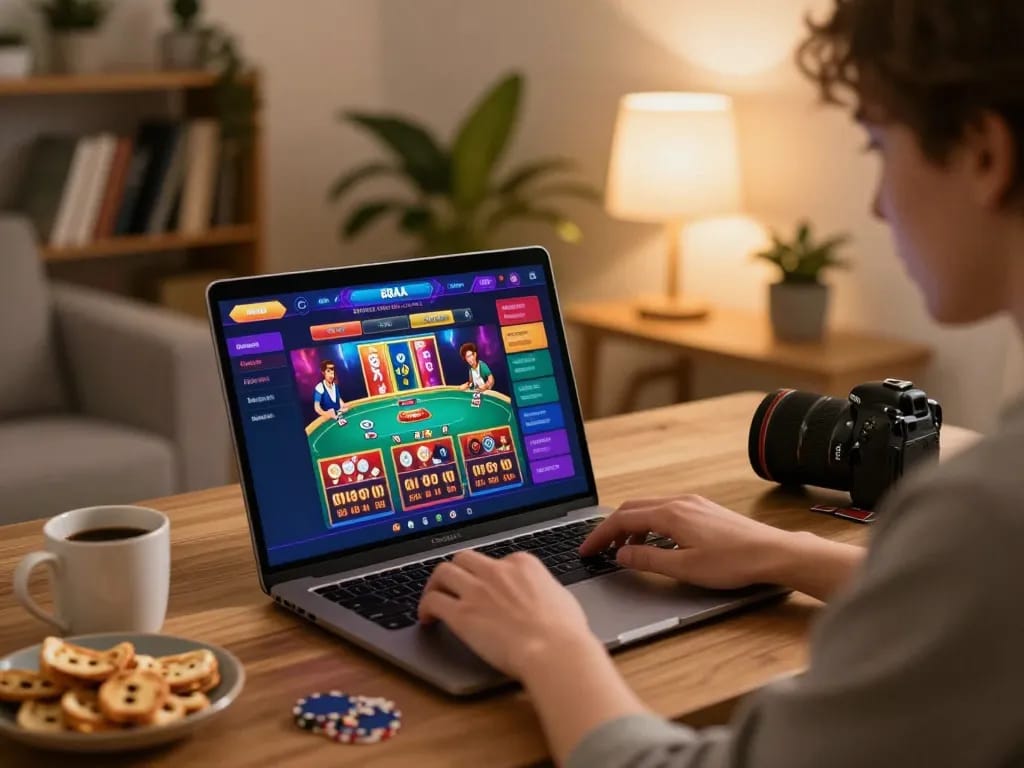 88AA online gaming setup with a player focused on a laptop showing casino games.