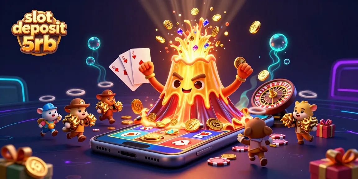 Play exciting slot deposit 5rb with a triumphant volcano erupting coins and treasures in this vibrant online casino scene.