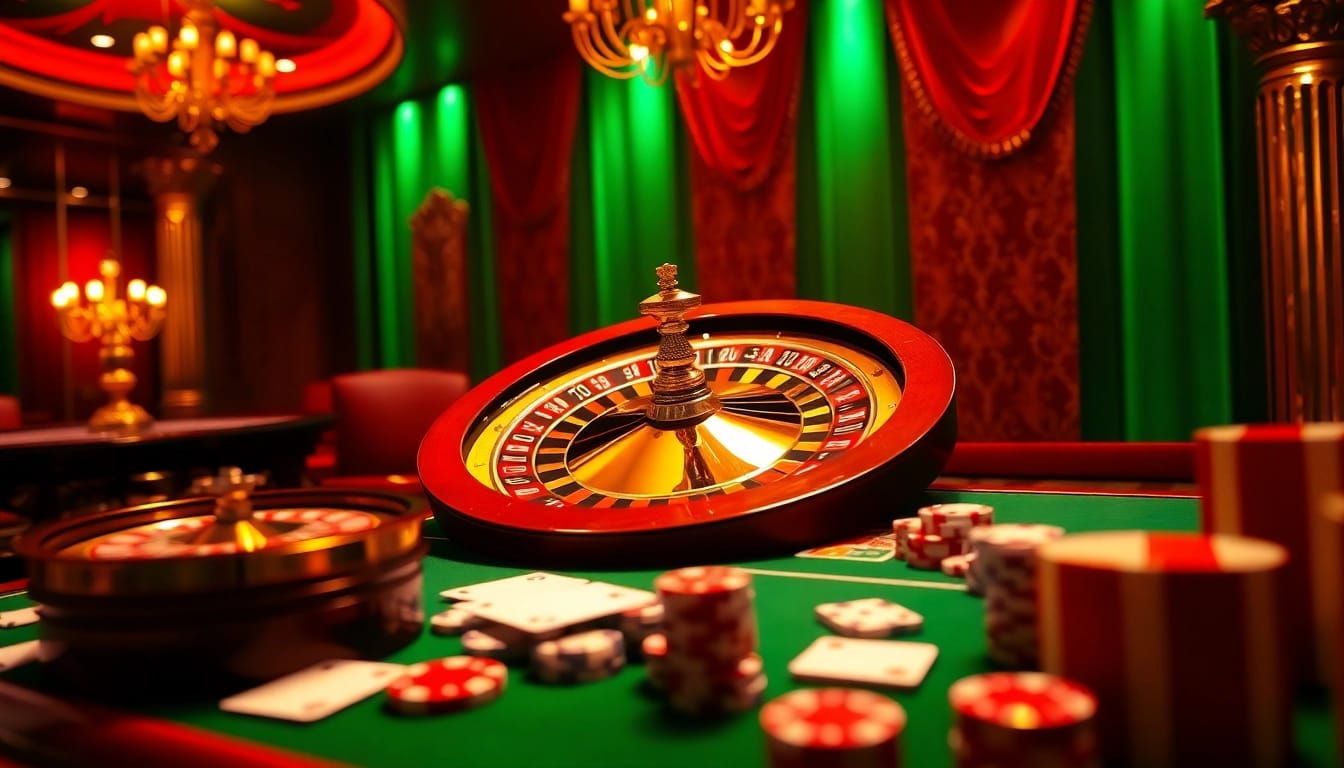 Exciting game bài đổi thưởng scene featuring a roulette wheel and playing cards.