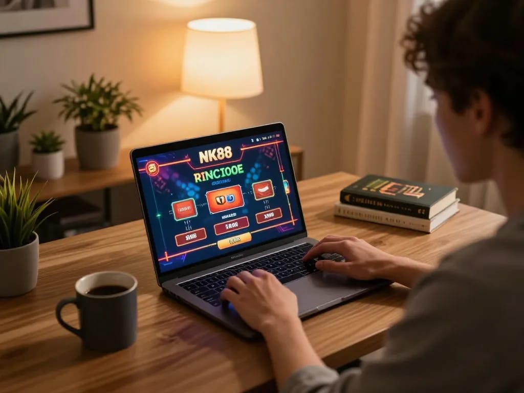 Player immersed in NK88 online gaming experience on a laptop in a cozy home setting