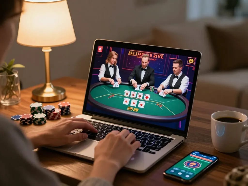 Engaging in online casino gameplay at home with link mb66 visible on the screen, showcasing live action poker dynamics.