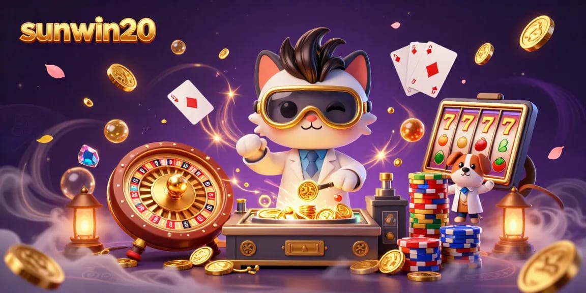 sunwin20 showcases a vibrant 3D illustration of a mad scientist cat and assistant amidst casino elements