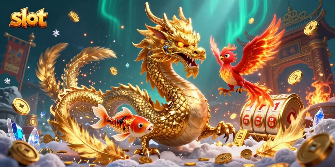 Spin the slot reels with luck as the golden dragon, phoenix, and koi fish soar through a vibrant casino.