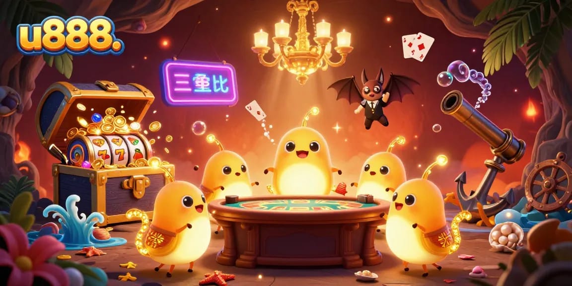 Experience thrilling gameplay with u888. at a vibrant 3D casino scene featuring glowworms and treasure elements.