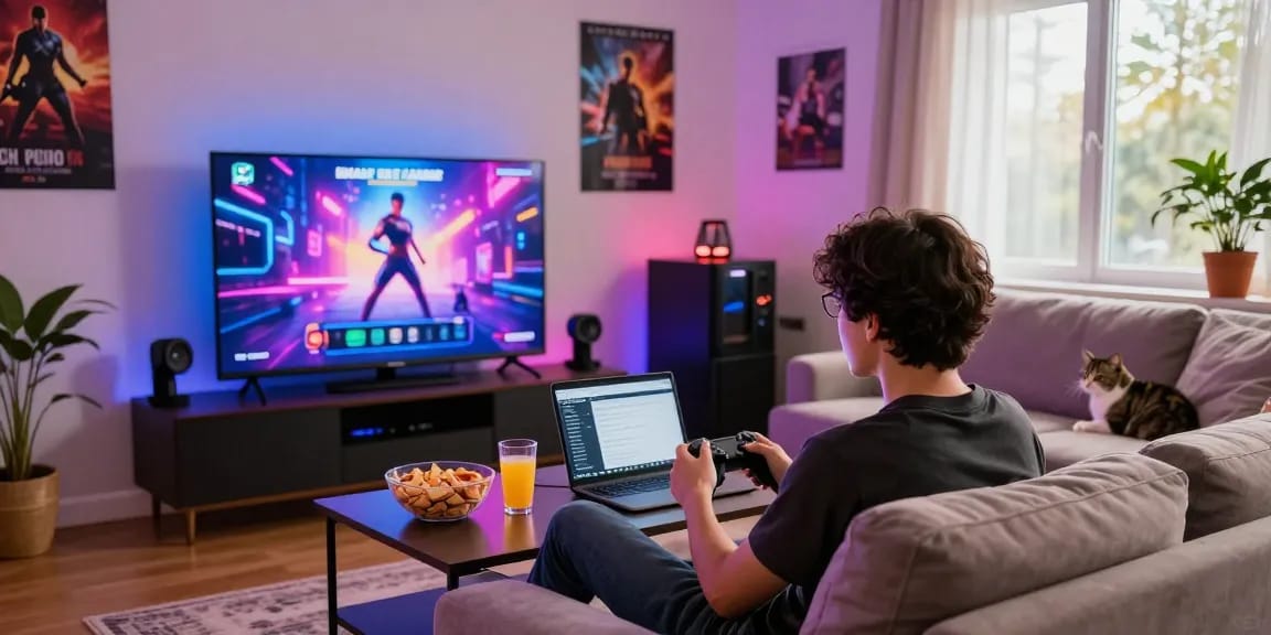 Engaged gamer playing a real porn game in a cozy living room setting.