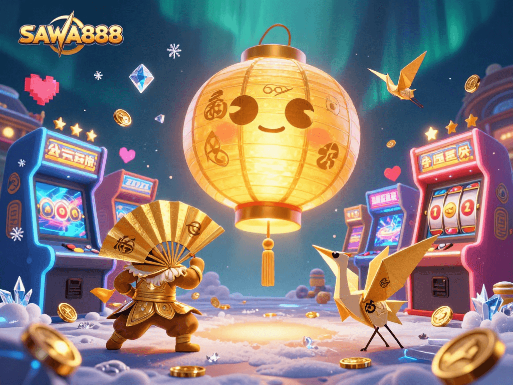 Experience the excitement of SAWA888 with vibrant game characters and dynamic casino elements.