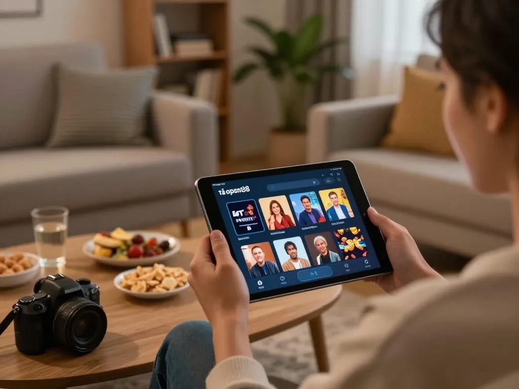 Tải app open88 on a tablet in a cozy home setting for online gaming.
