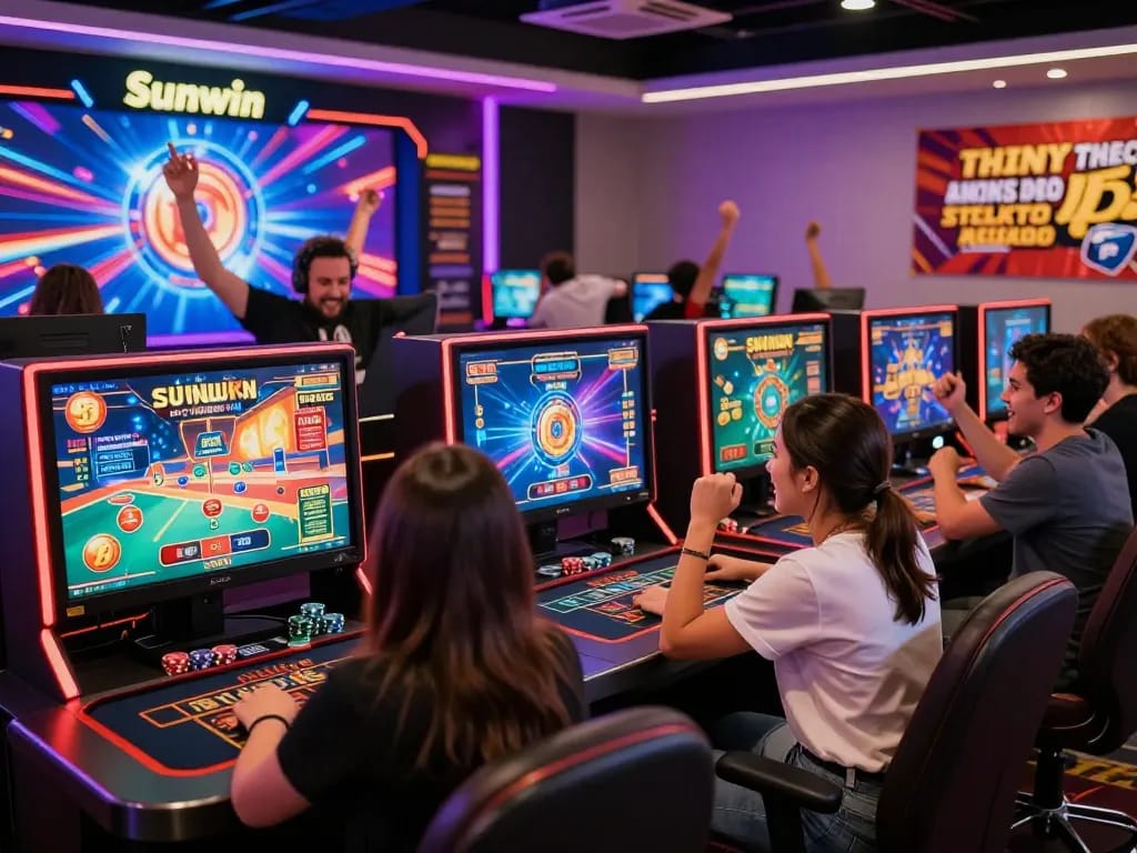 Sunwin online gaming players celebrating wins at vibrant gaming stations, showcasing excitement and immersive casino atmosphere.