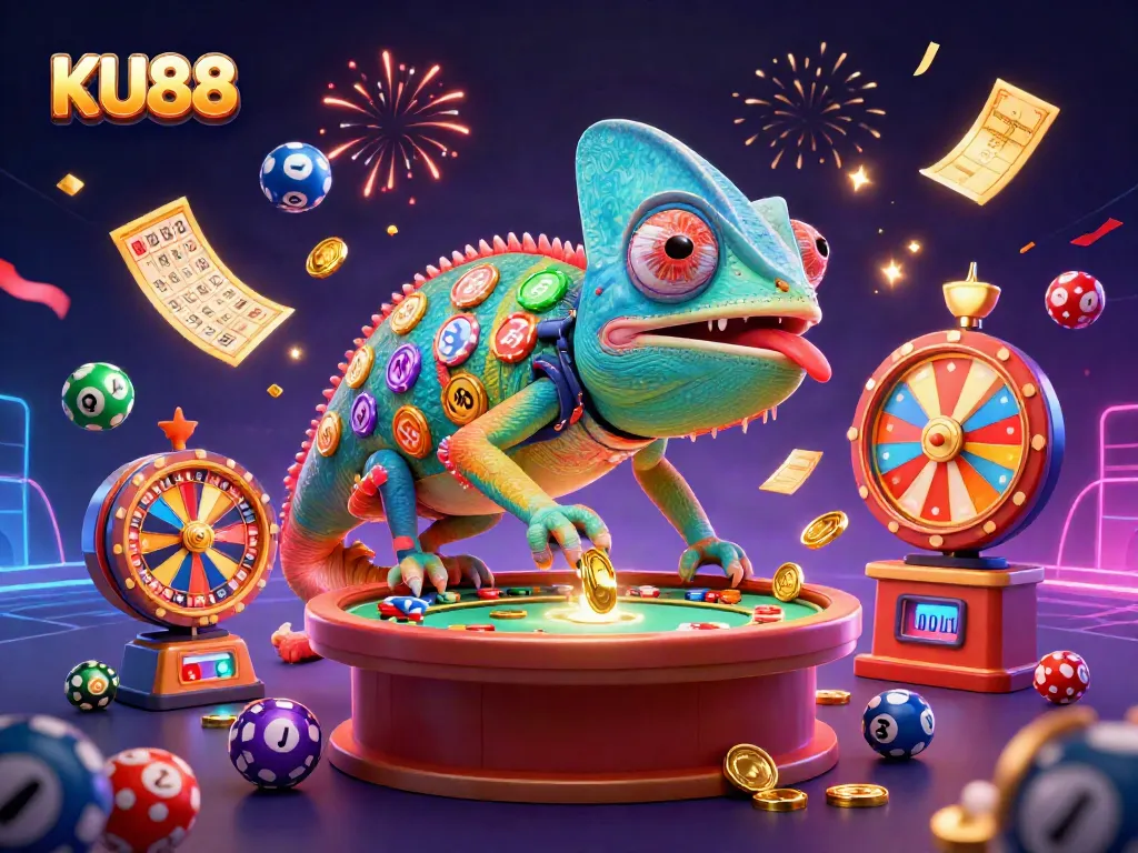 Experience the vibrant world of KU88 with its dynamic gaming elements like spinning reels and golden coins.