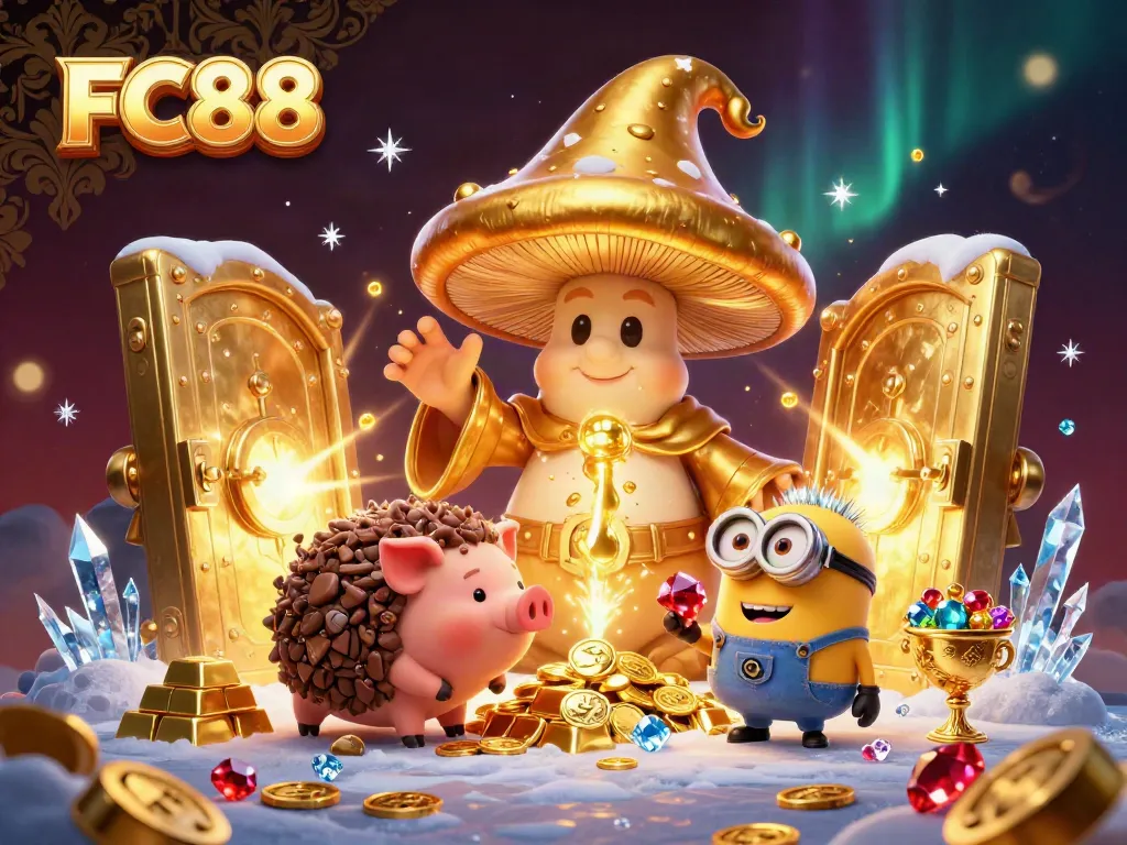 Experience the magic of gold at FC88's casino with a vibrant 3D illustration bringing iconic gaming elements to life.