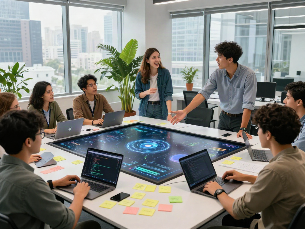 Collaborative team of developers brainstorming AI nsfw data visualizations in modern office.