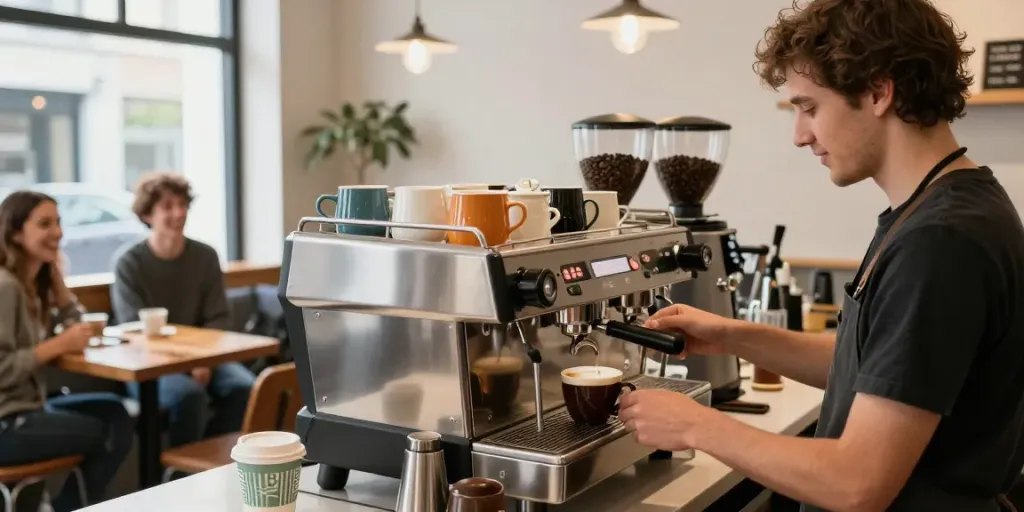 Barista preparing coffee with commercial coffee machines in a modern café, showcasing a bustling atmosphere.