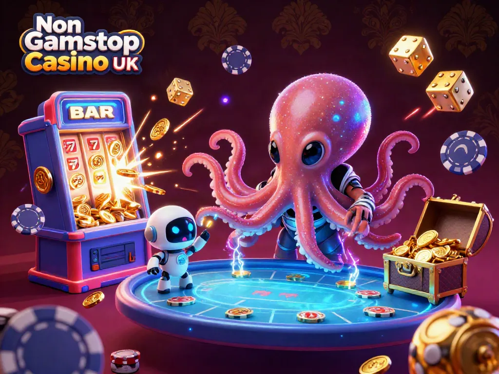 Engage with vibrant gameplay at Non Gamstop Casino UK featuring alien octopus and dynamic casino elements.