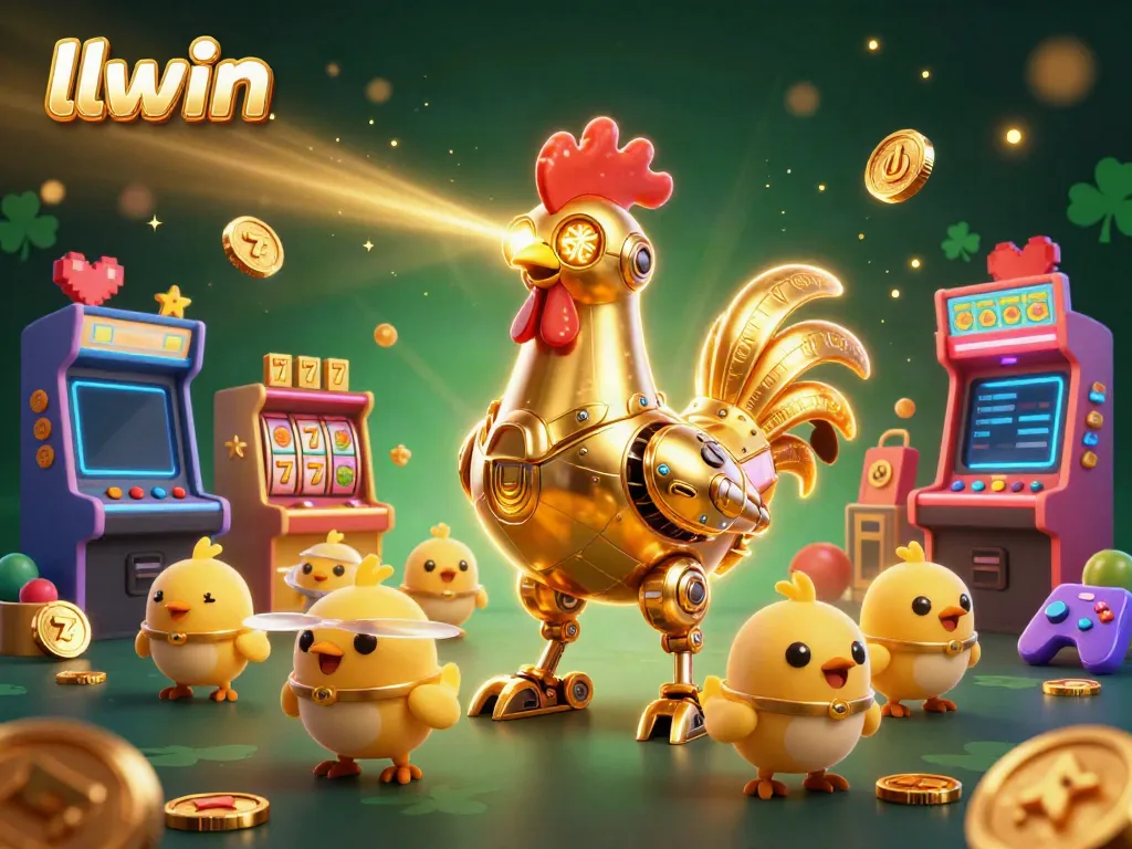 Experience the excitement of gaming at llwin with a vibrant 3D casino scene featuring robots and slot machines.