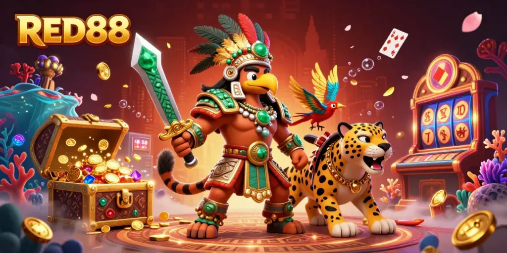 Experience the excitement of RED88 with dynamic casino action featuring a vibrant 3D Aztec warrior scene and golden treasures.