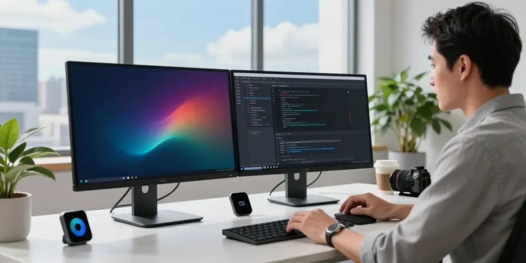 Developer utilizing instant indexing tools in a tech workspace with dual monitors and coffee.