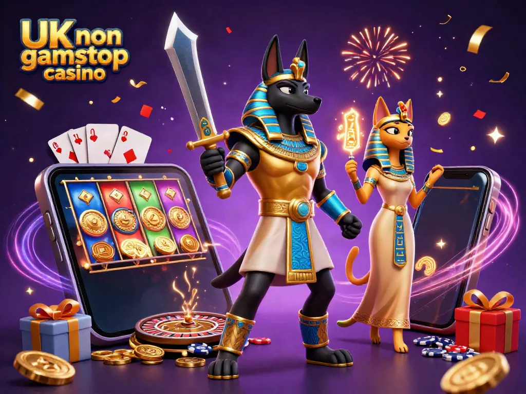 Engage in thrilling action at a UK non gamstop casino with Anubis and Bastet amidst vibrant gaming elements.
