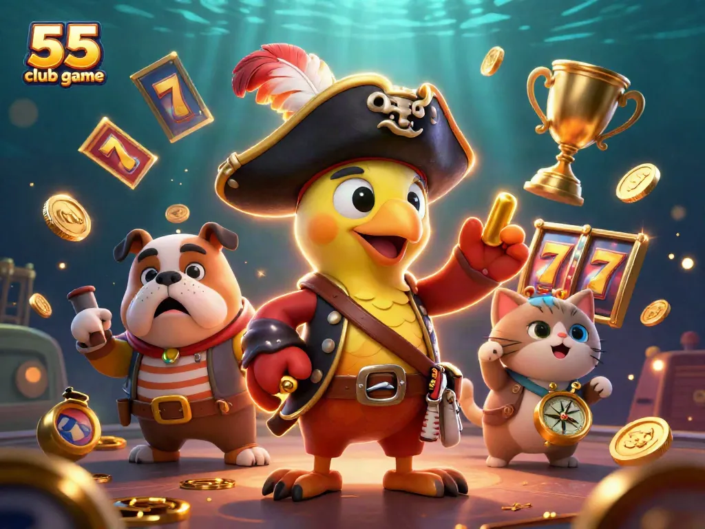 Experience the thrill of 55 club game with dynamic slot reels and gold coins swirling around pirate characters.