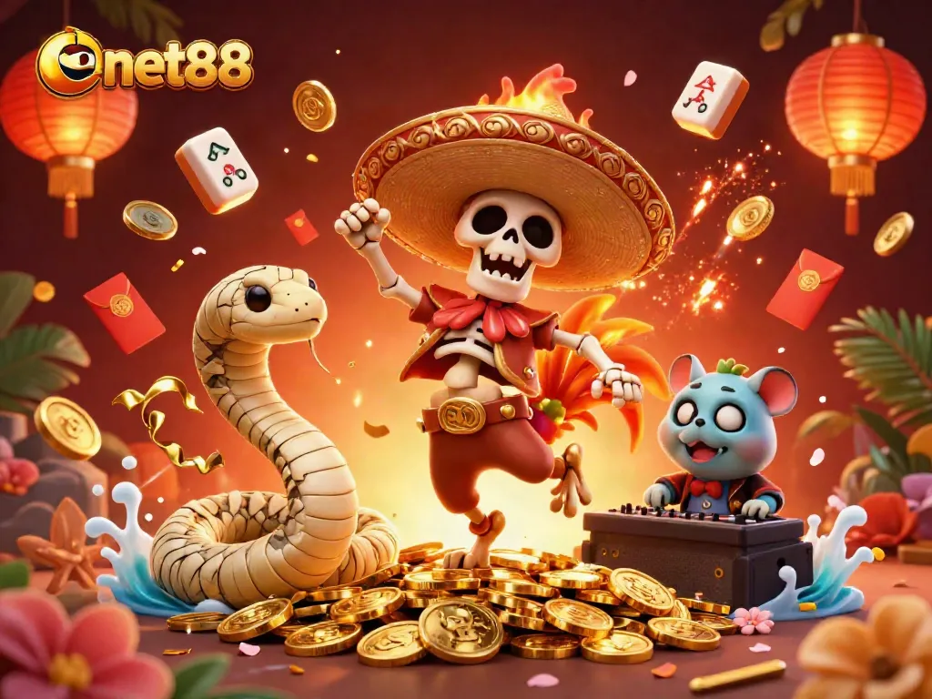 Experience thrilling wins at net88 with dynamic casino characters celebrating atop golden coins.