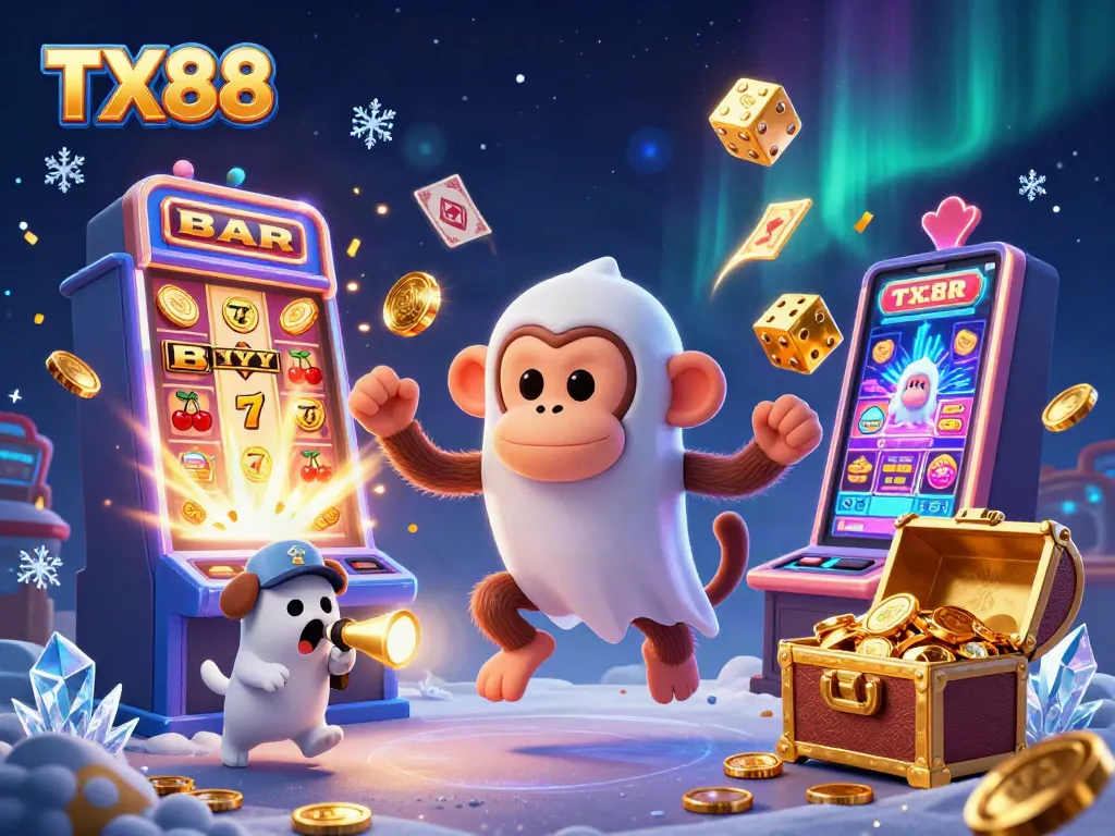 TX88 showcases a thrilling gaming scene with a mischievous monkey and a curious puppy tracking a jackpot explosion.