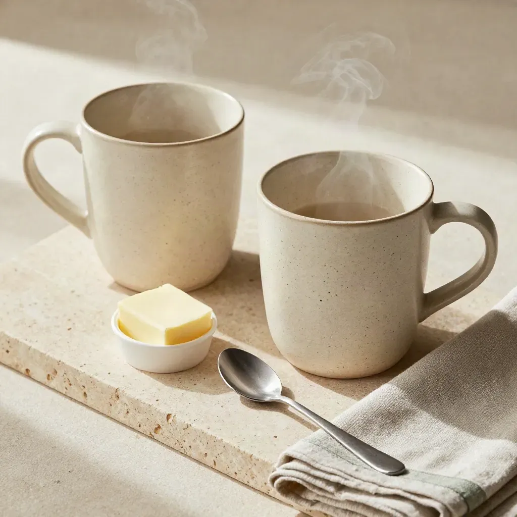 Overhead flatlay of two speckled mugs, teaspoon, butter dish and linen napkin on pale stone.