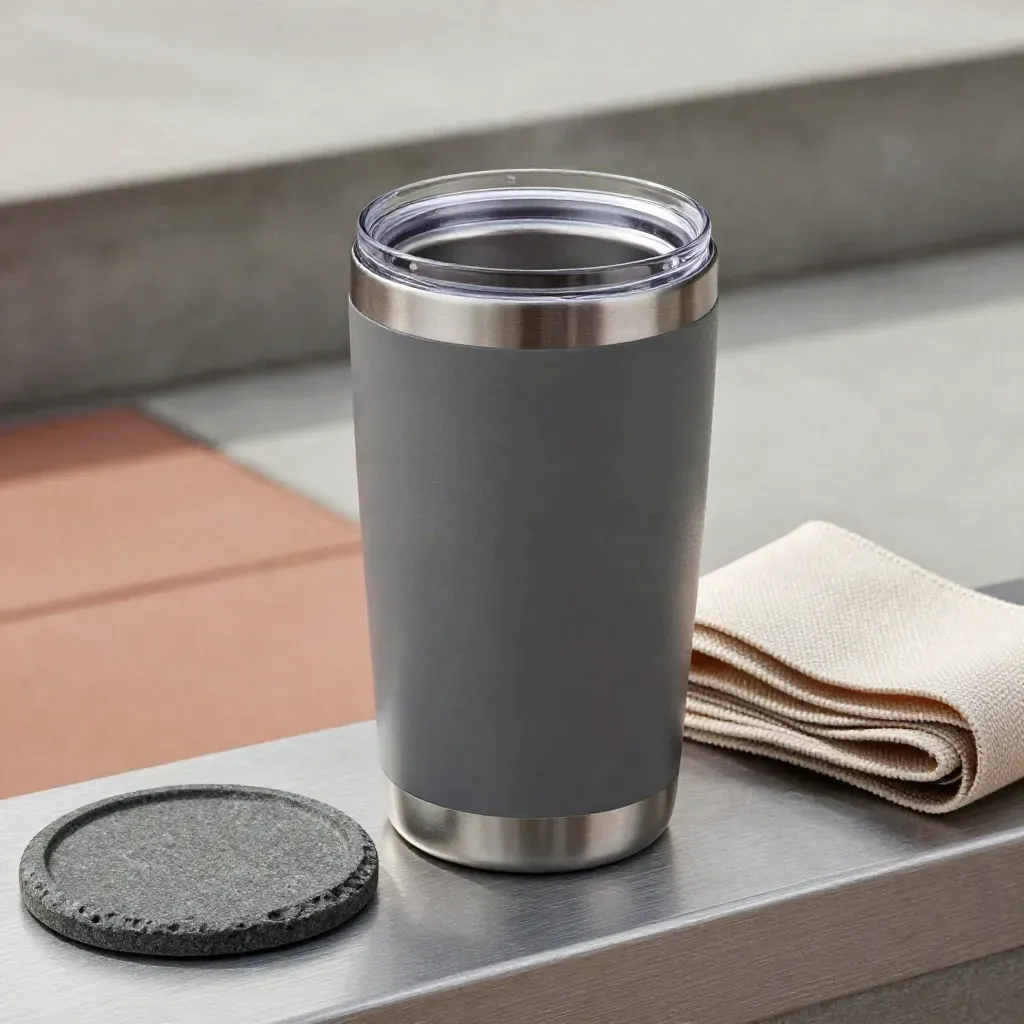 Macro travel tumbler with brushed lid, stone coaster, canvas strap, and soft vapour