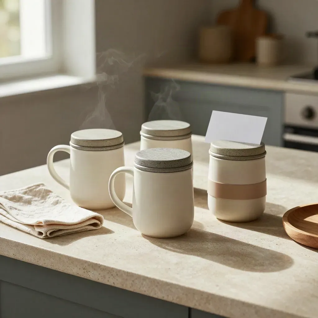 Reusable cups, mugs, and lid packs styled as a premium gift set on a stone island.