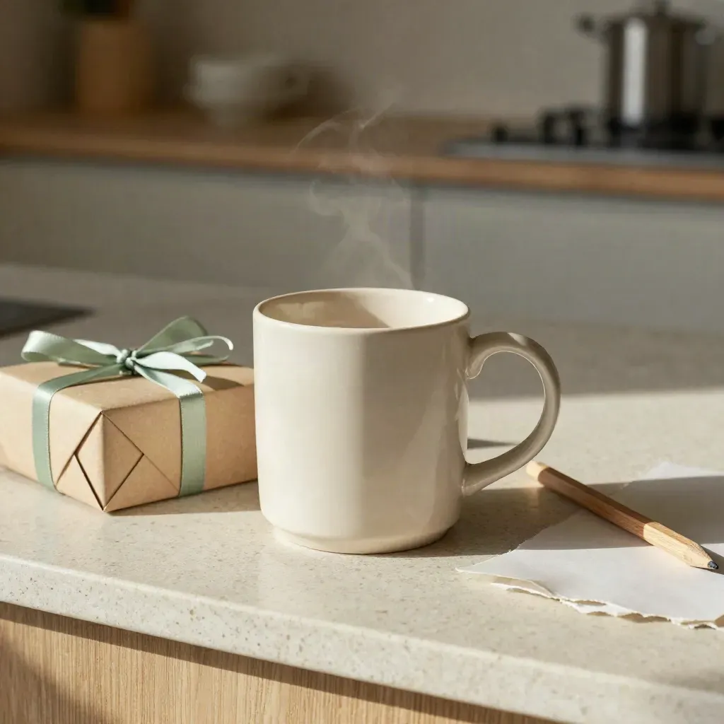 Cream ceramic mug with sage ribbon beside a wrapped gift box and pencil on a travertine worktop.