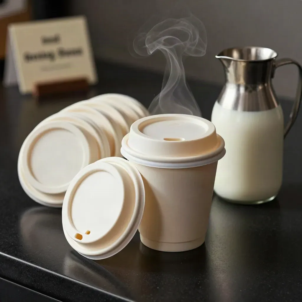 Takeaway cup lid pack snapping onto a cup with extra lids and a milk jug in dramatic studio light